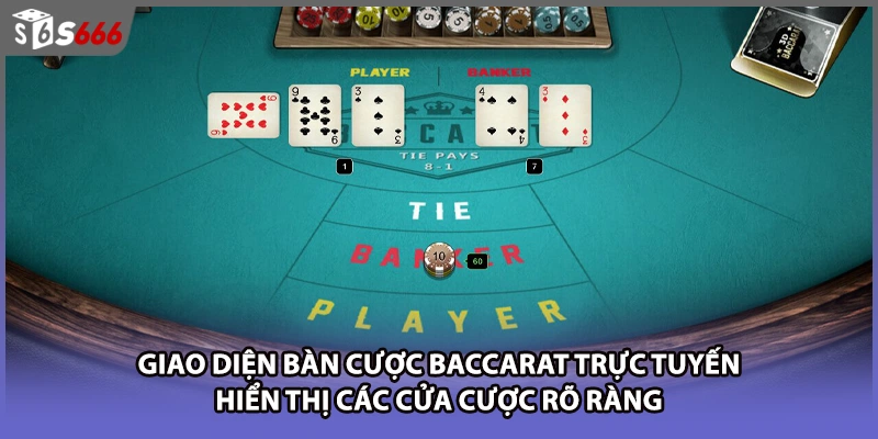 Giao diện bàn cược baccarat trực tuyến hiển thị các cửa cược rõ ràng